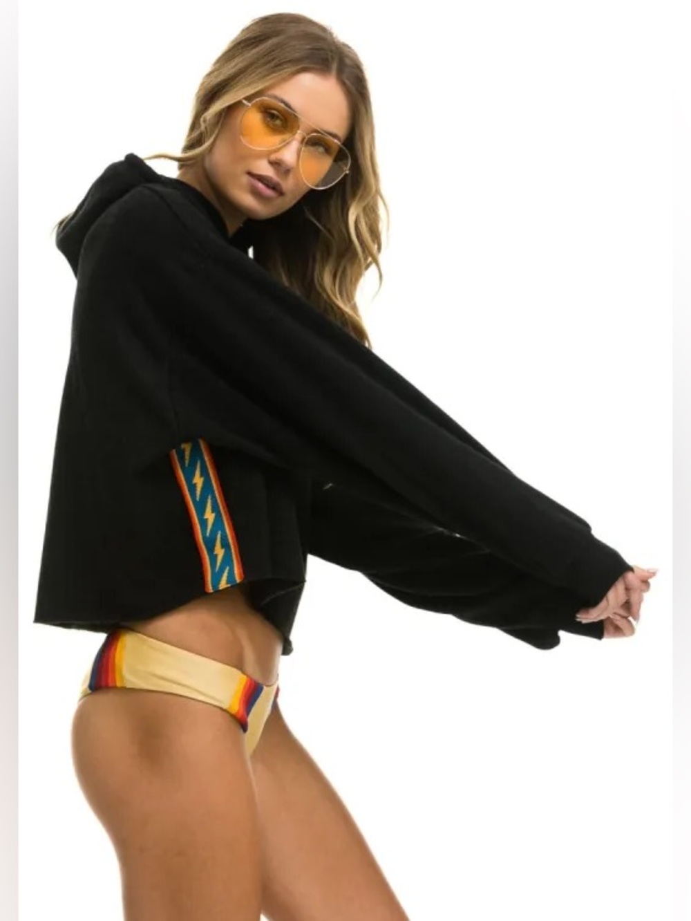 Aviator Nation Black Cropped Hoodie with Multicolor Stripe